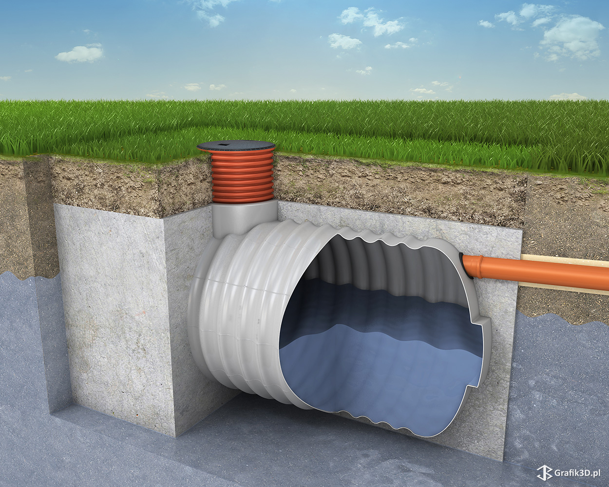 Grafika 3d montaż zbiornika w betonie